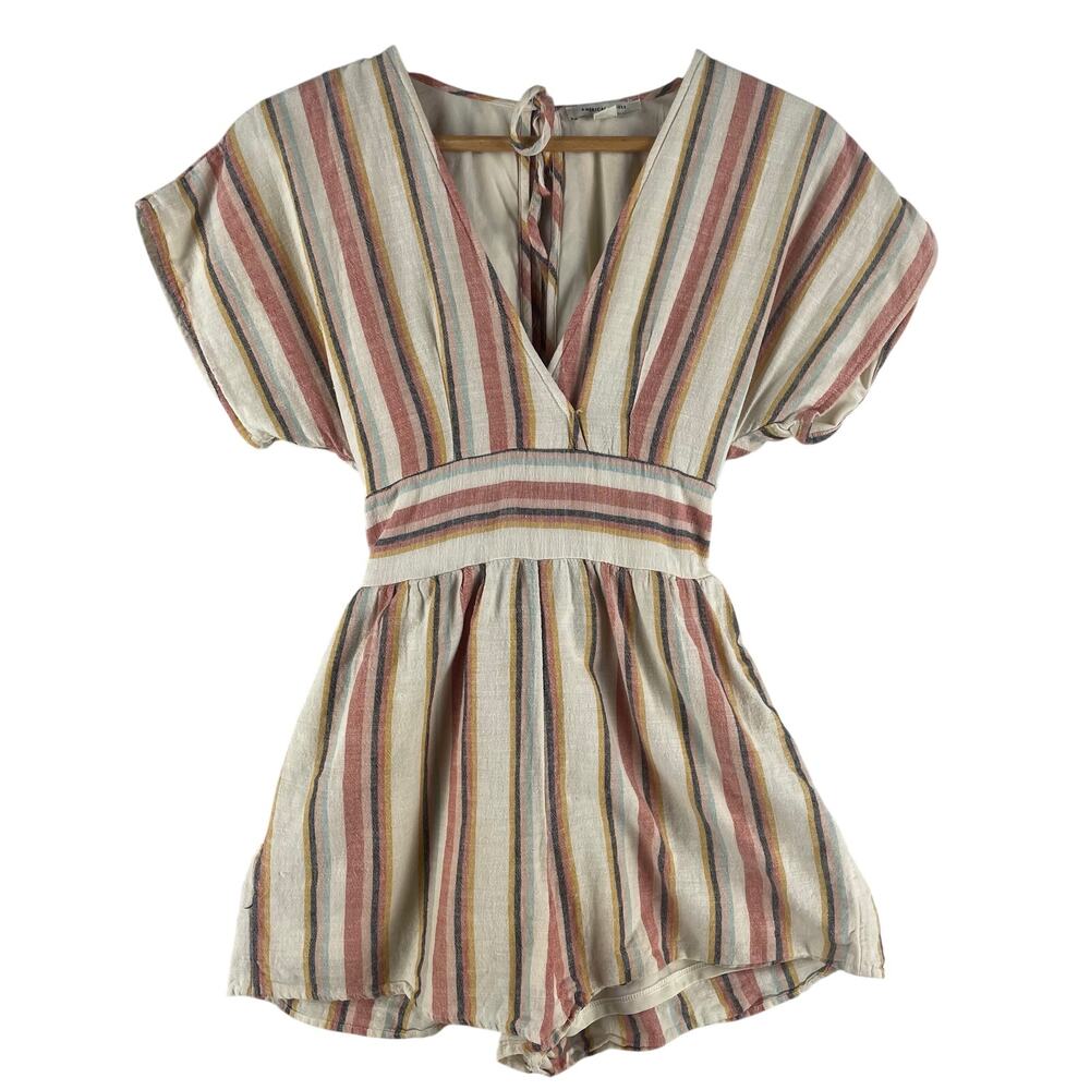 American Eagle Womens Striped Smocked Romper SZ XS Cotton/Linen V-Neck Lined